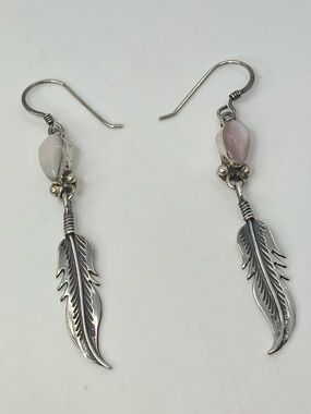 Vtg Navajo 925 Sterling Silver Pink MOP Feather Dangle Southwestern Earrings